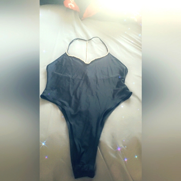 SHEIN Black Halter Rhinestone Bodysuit Large - Picture 1 of 4